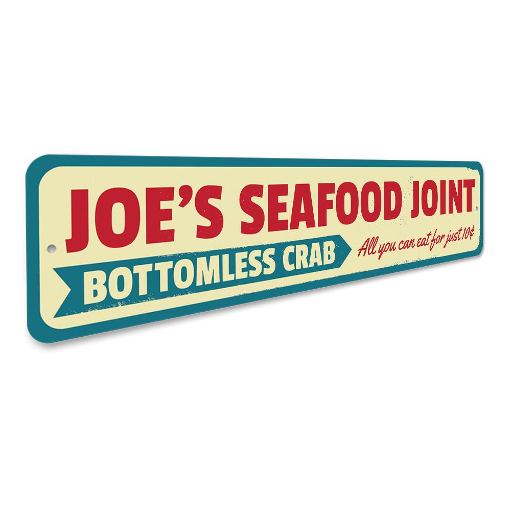 A vibrant Seafood Joint Sign made of high-quality aluminum, featuring beach-themed graphics and customizable text options.