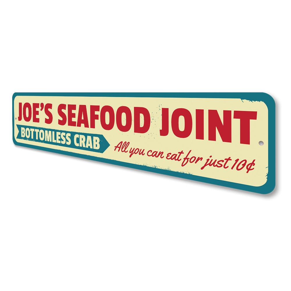 A vibrant Seafood Joint Sign made of high-quality aluminum, featuring beach-themed graphics and customizable text options.