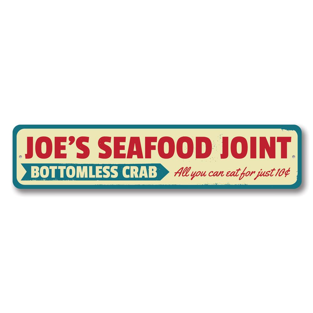 A vibrant Seafood Joint Sign made of high-quality aluminum, featuring beach-themed graphics and customizable text options.