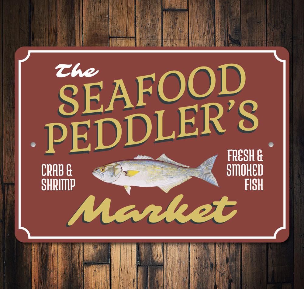 A decorative Seafood Market Name Sign made of high-quality aluminum, featuring customizable text and pre-drilled holes for easy mounting.