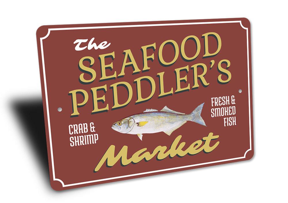 A decorative Seafood Market Name Sign made of high-quality aluminum, featuring customizable text and pre-drilled holes for easy mounting.