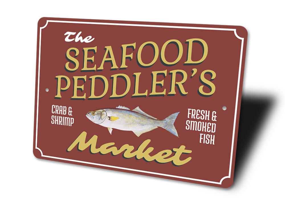 A decorative Seafood Market Name Sign made of high-quality aluminum, featuring customizable text and pre-drilled holes for easy mounting.