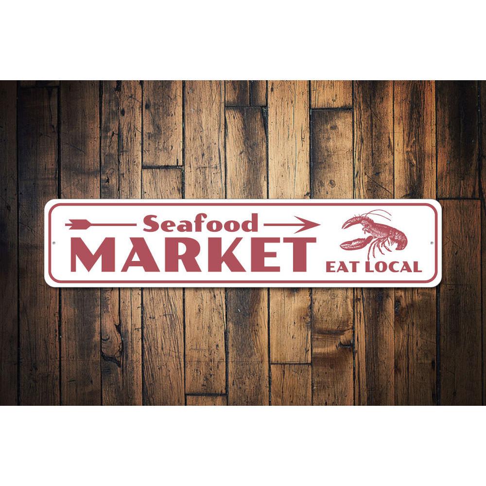 A decorative Seafood Market Sign made of high-quality aluminum, featuring vibrant colors and customizable text, perfect for beach houses and seafood restaurants.