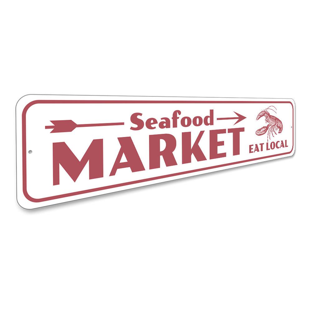 A decorative Seafood Market Sign made of high-quality aluminum, featuring vibrant colors and customizable text, perfect for beach houses and seafood restaurants.