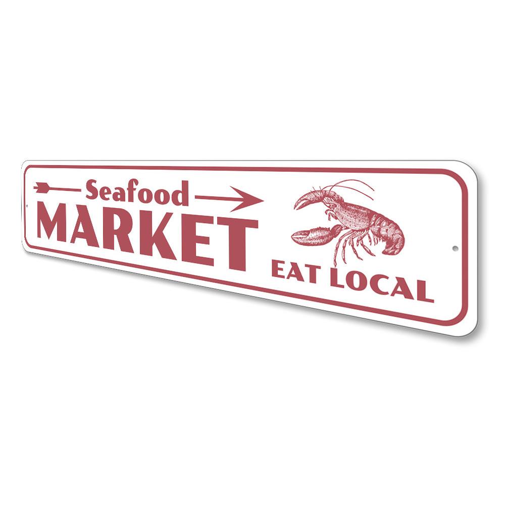 A decorative Seafood Market Sign made of high-quality aluminum, featuring vibrant colors and customizable text, perfect for beach houses and seafood restaurants.