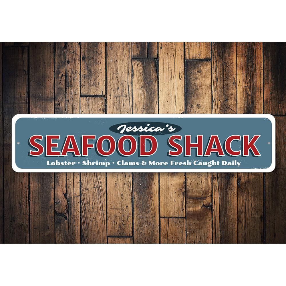 A vibrant Seafood Restaurant Sign made of durable aluminum, featuring customizable text and a beach-themed design, perfect for coastal decor.