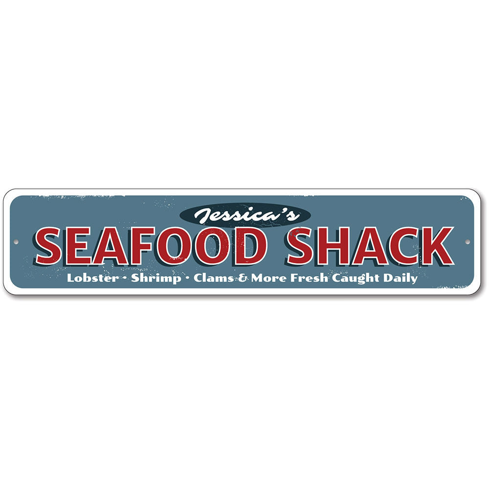 A vibrant Seafood Restaurant Sign made of durable aluminum, featuring customizable text and a beach-themed design, perfect for coastal decor.