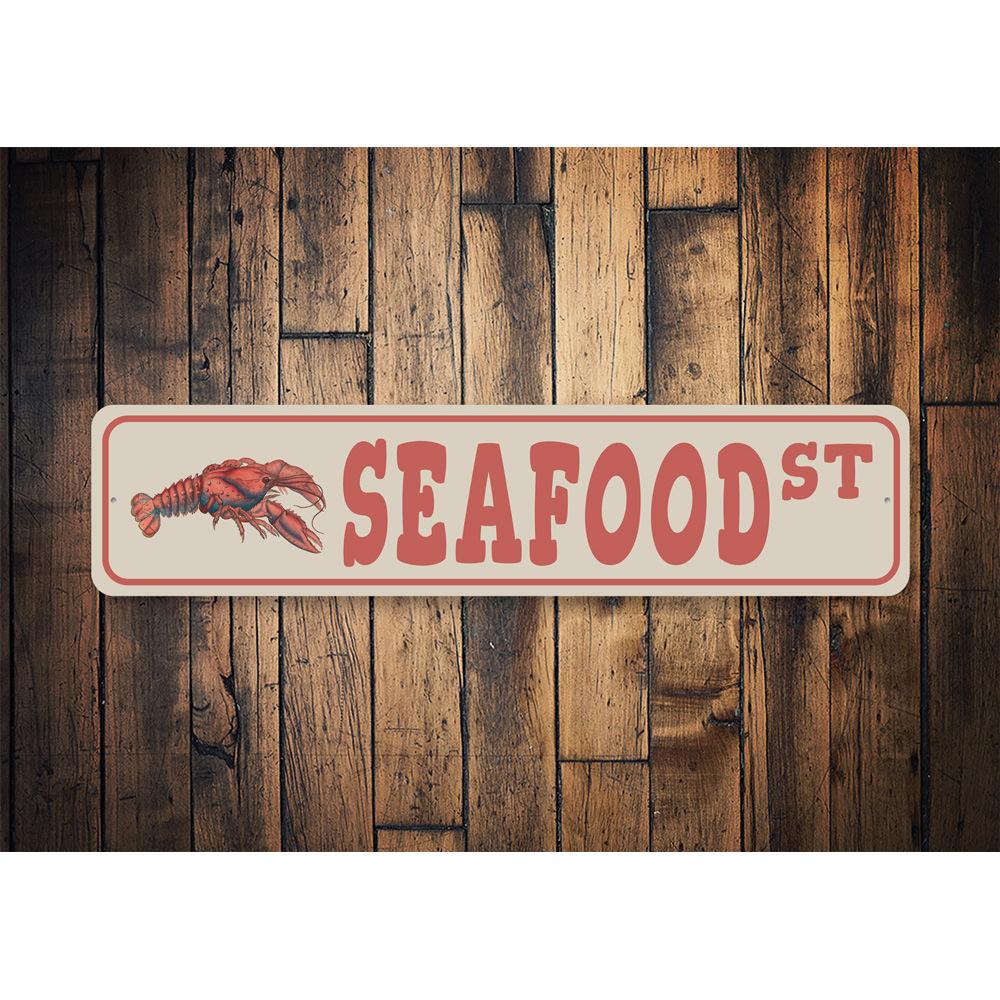 A vibrant Seafood Street Sign made of high-quality aluminum, featuring a colorful design perfect for home decor.