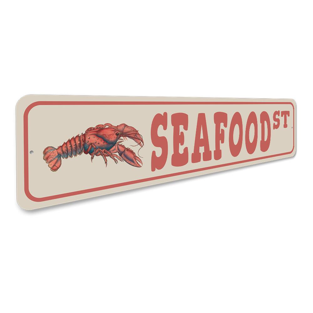 A vibrant Seafood Street Sign made of high-quality aluminum, featuring a colorful design perfect for home decor.