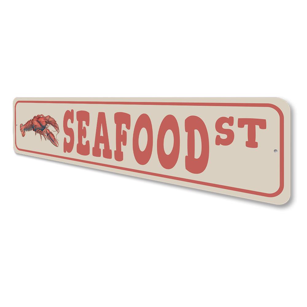 A vibrant Seafood Street Sign made of high-quality aluminum, featuring a colorful design perfect for home decor.