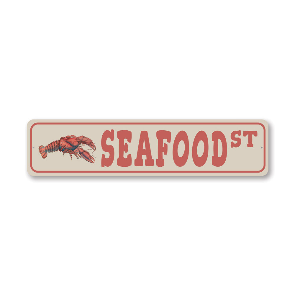 A vibrant Seafood Street Sign made of high-quality aluminum, featuring a colorful design perfect for home decor.