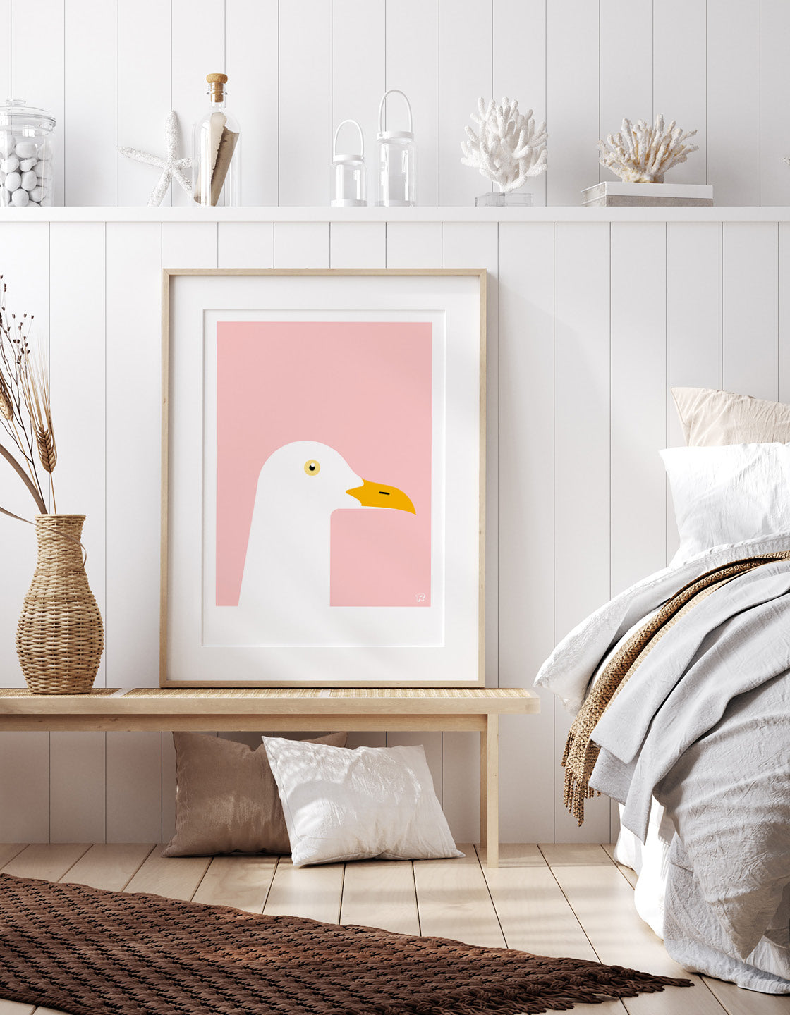 A charming white seagull figurine, playfully designed to add a whimsical touch to bathroom decor.