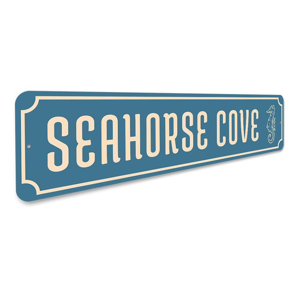 Seahorse Cove Sign featuring a vibrant seahorse design, perfect for coastal decor, made from high-quality aluminum.