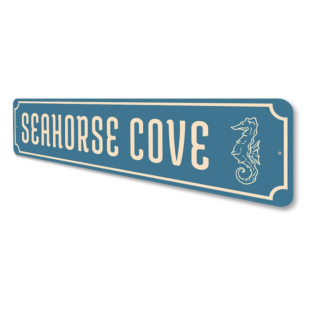 Seahorse Cove Sign featuring a vibrant seahorse design, perfect for coastal decor, made from high-quality aluminum.