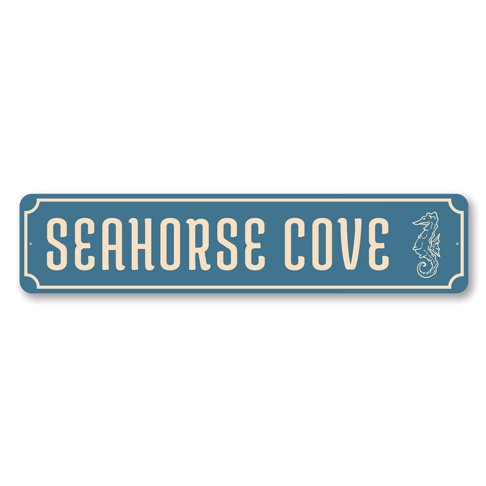 Seahorse Cove Sign featuring a vibrant seahorse design, perfect for coastal decor, made from high-quality aluminum.