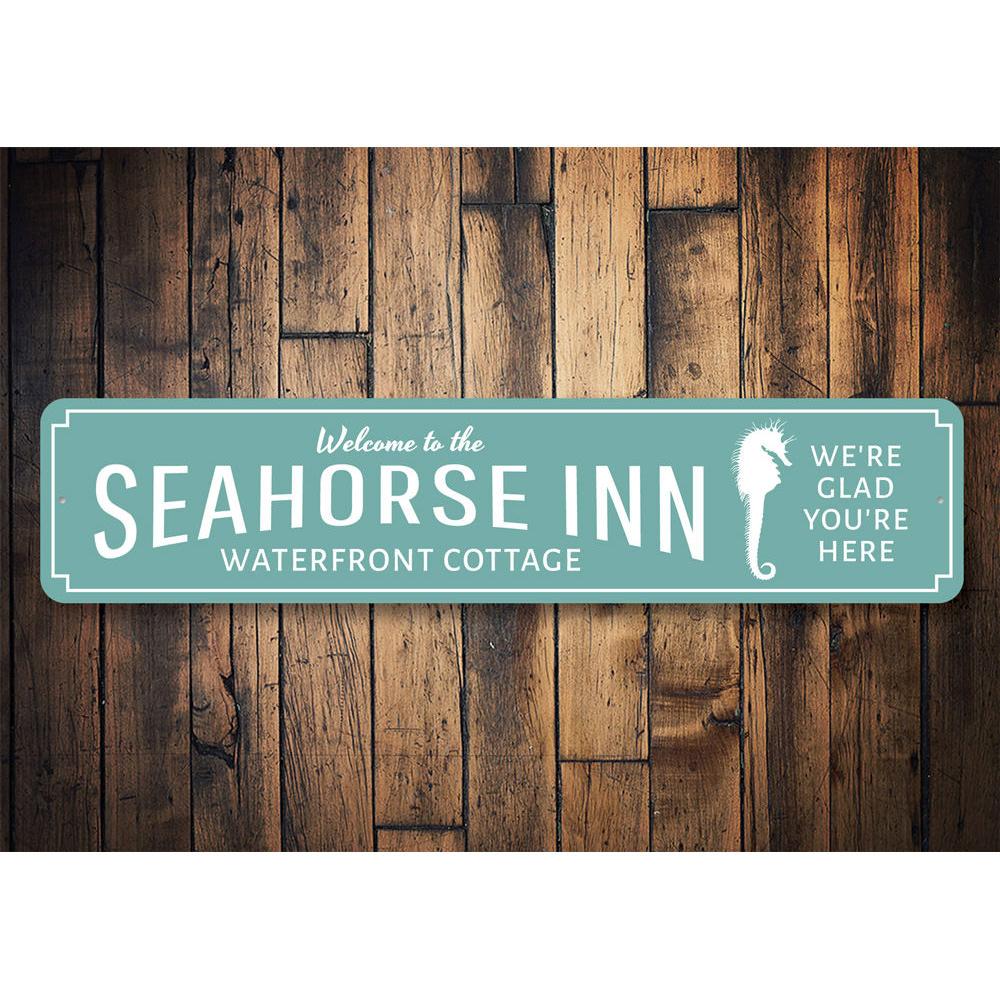 Seahorse Inn Welcome Sign made of high-quality aluminum, featuring a charming design suitable for indoor and outdoor decor.