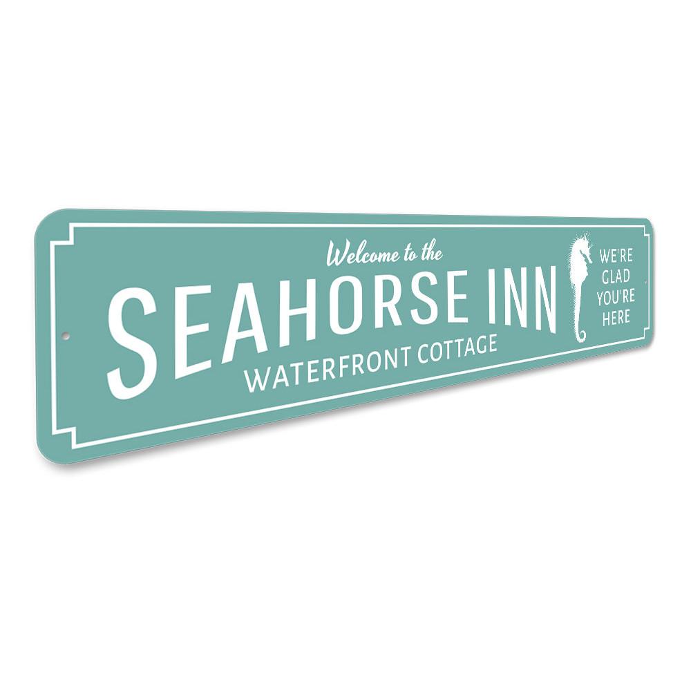 Seahorse Inn Welcome Sign made of high-quality aluminum, featuring a charming design suitable for indoor and outdoor decor.