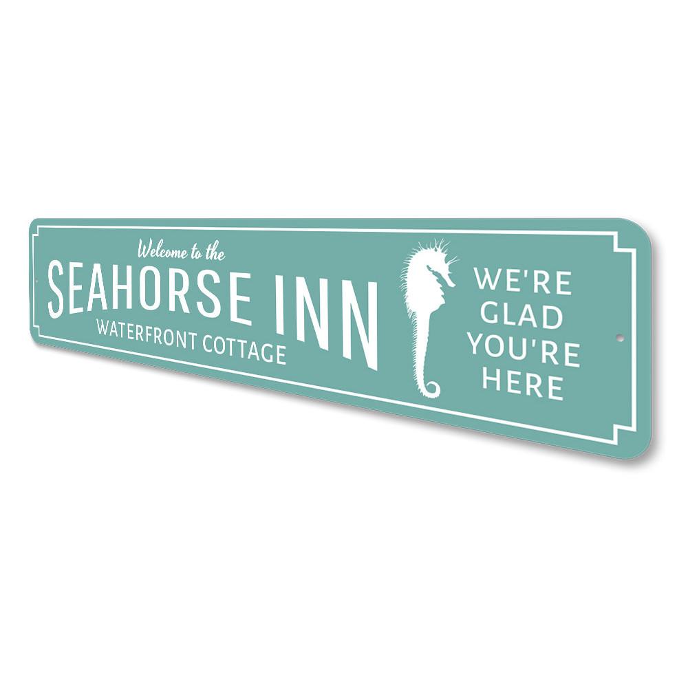 Seahorse Inn Welcome Sign made of high-quality aluminum, featuring a charming design suitable for indoor and outdoor decor.