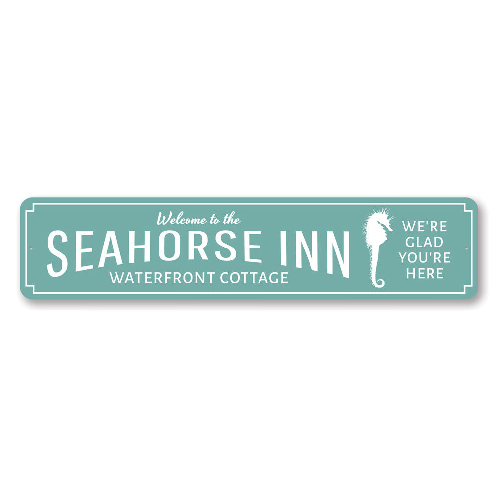 Seahorse Inn Welcome Sign made of high-quality aluminum, featuring a charming design suitable for indoor and outdoor decor.