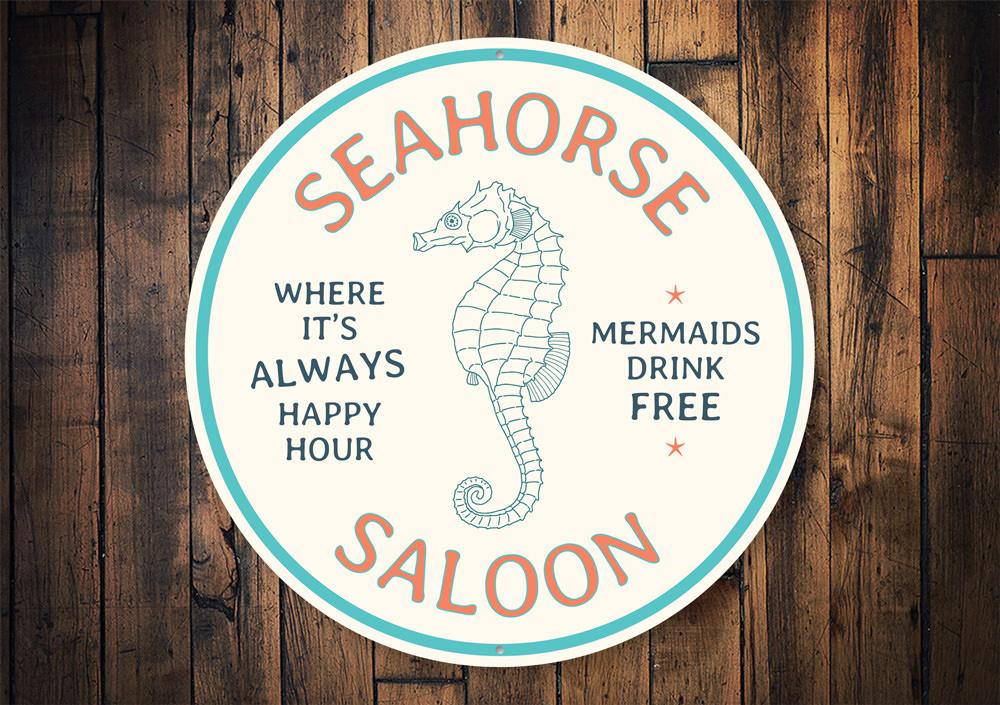 A vibrant Seahorse Saloon Sign made of aluminum, featuring a colorful seahorse design, perfect for beach-themed decor.