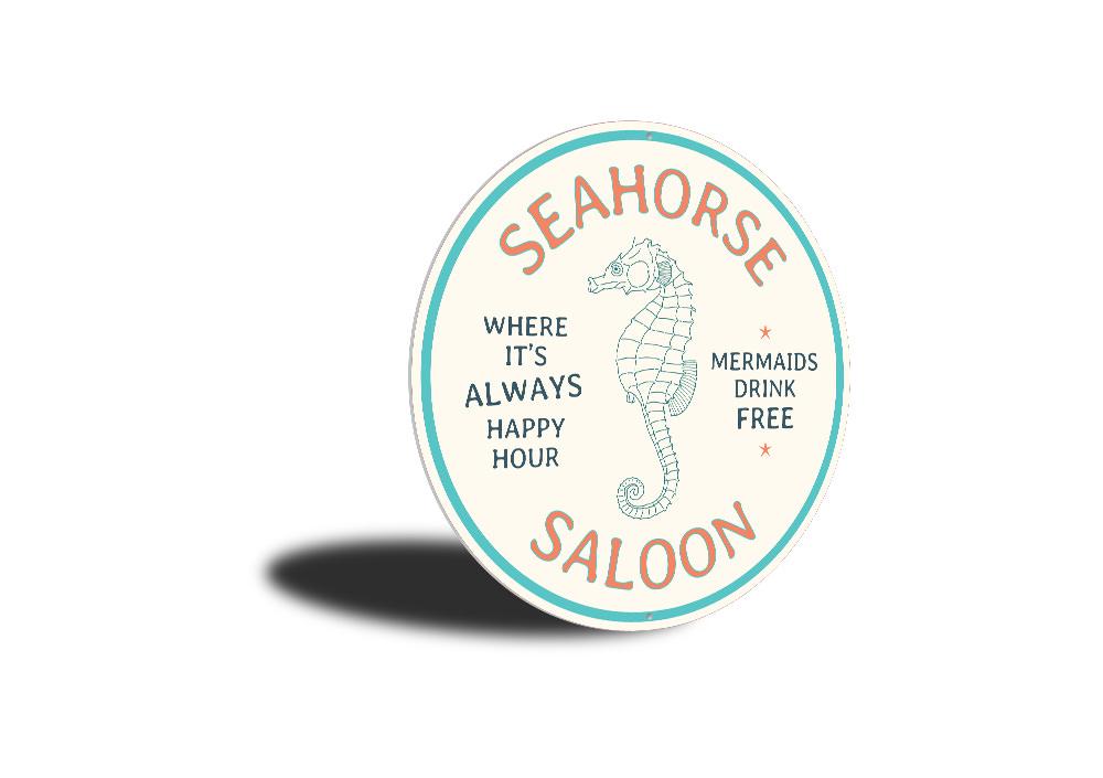 A vibrant Seahorse Saloon Sign made of aluminum, featuring a colorful seahorse design, perfect for beach-themed decor.