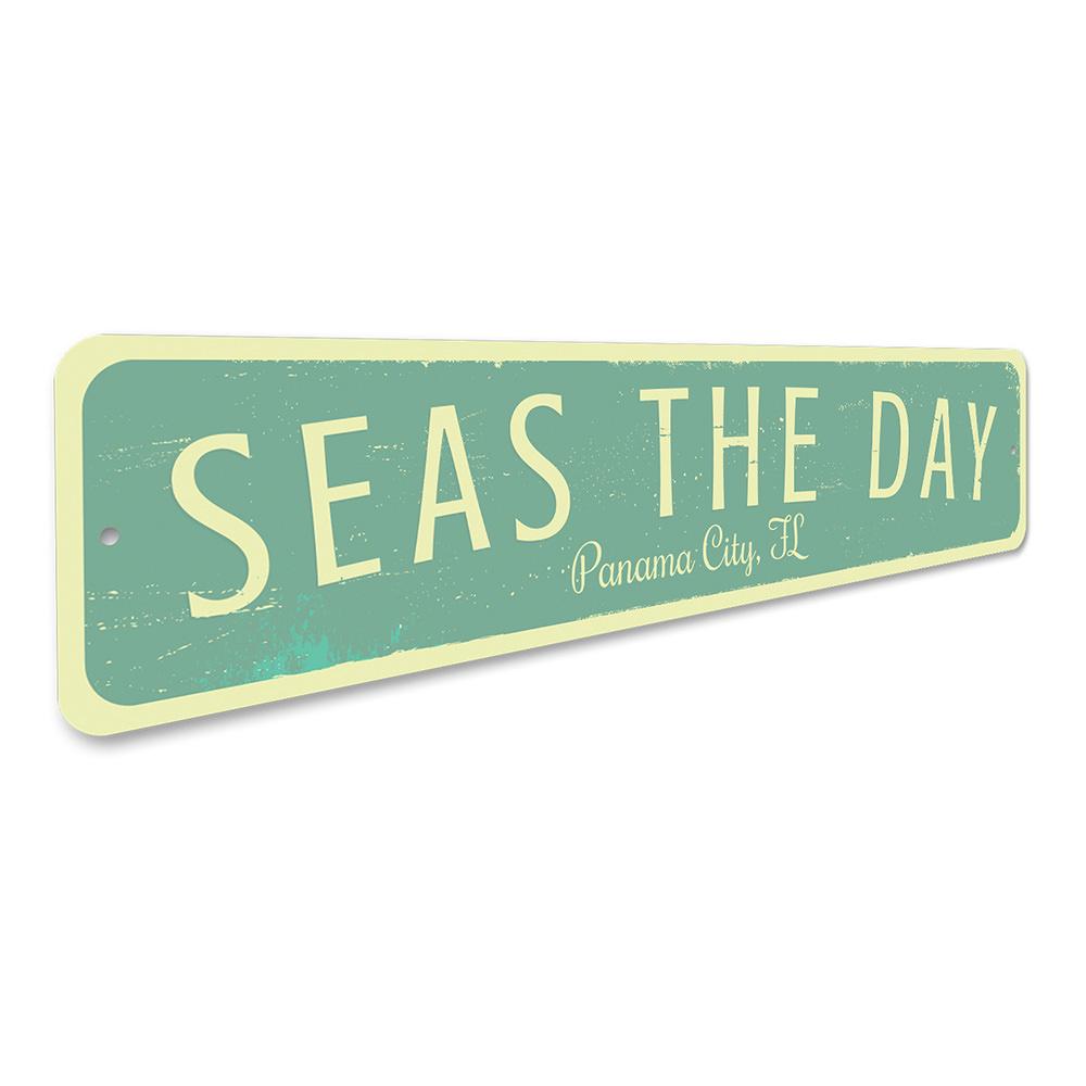 Seas The Day Location Sign featuring vibrant coastal design, made of durable aluminum, perfect for beach-themed decor.