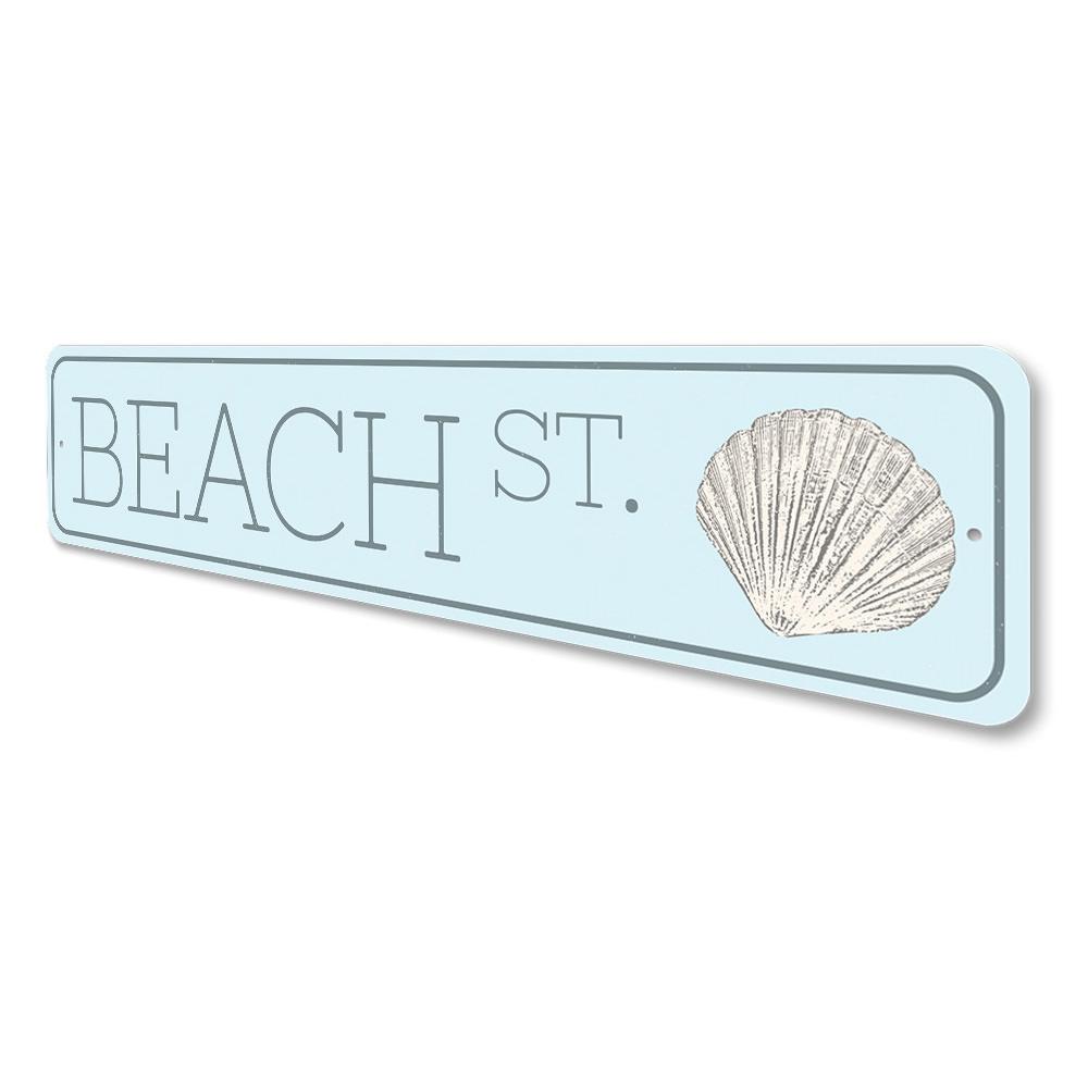 Seashell Beach Street Sign made of high-quality aluminum, featuring a coastal design perfect for beach-themed decor.