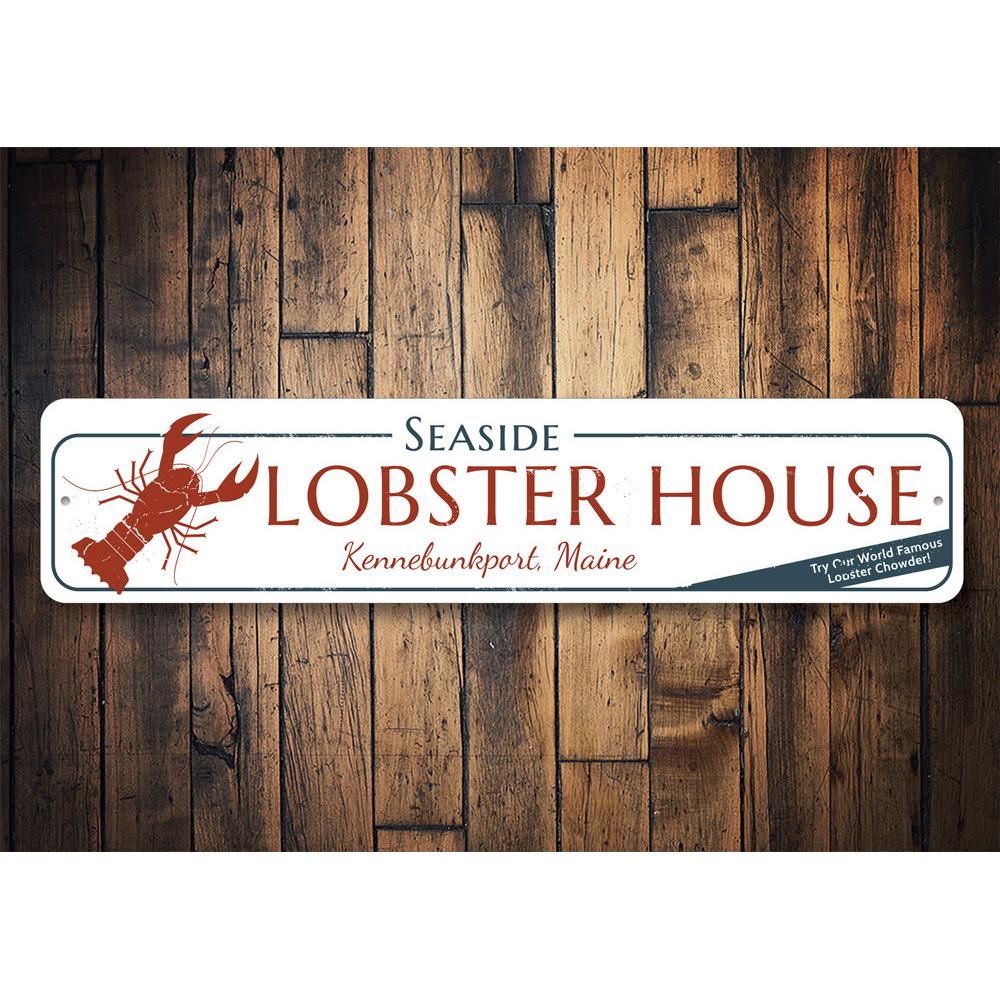 Seaside Lobster House Sign made of high-quality aluminum, featuring a vibrant design perfect for coastal decor.