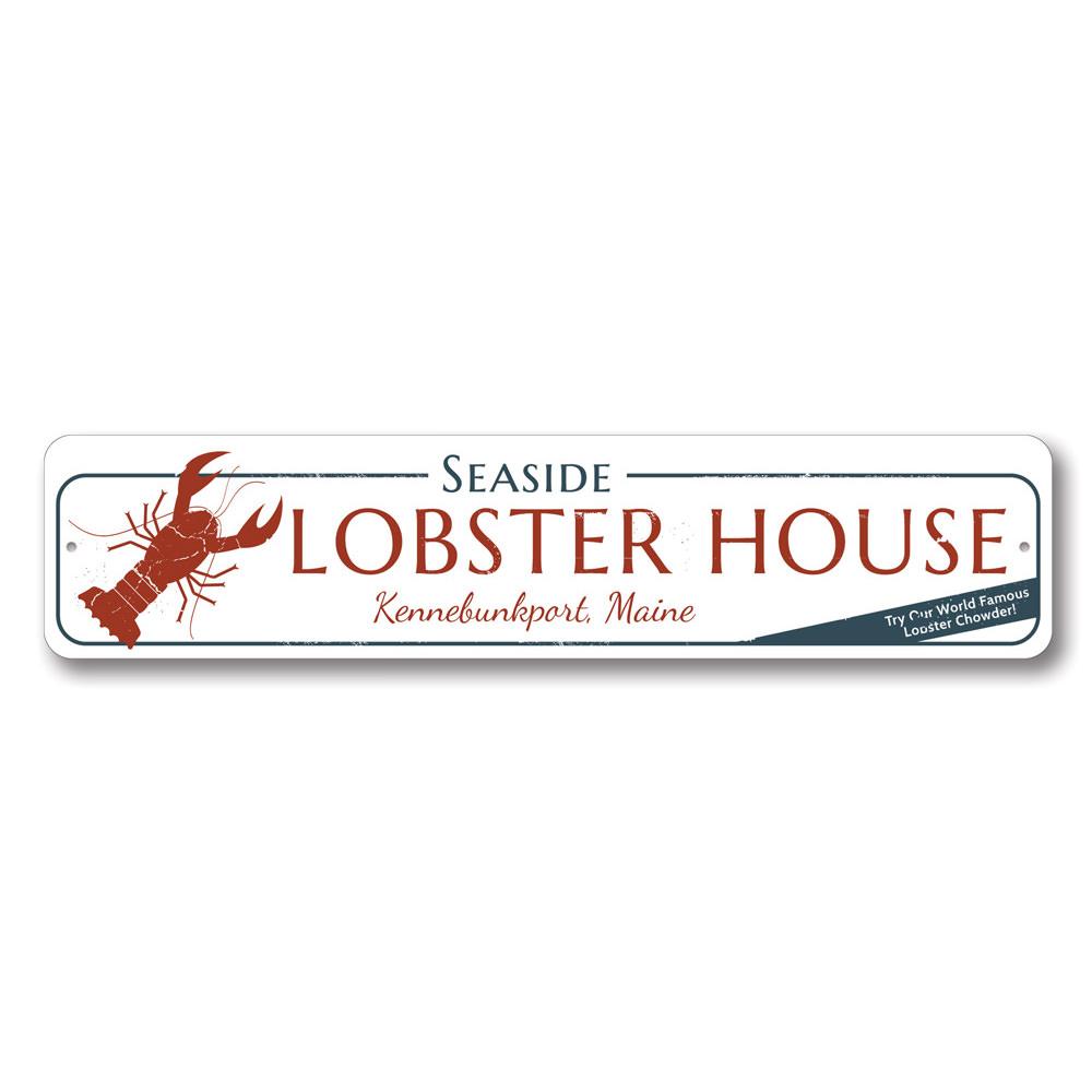 Seaside Lobster House Sign made of high-quality aluminum, featuring a vibrant design perfect for coastal decor.