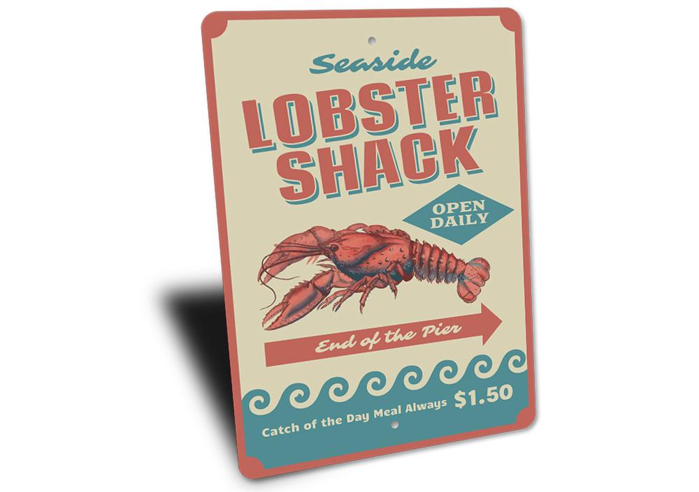 Seaside Lobster Shack Sign made of aluminum, featuring a vibrant design perfect for beach-themed decor.