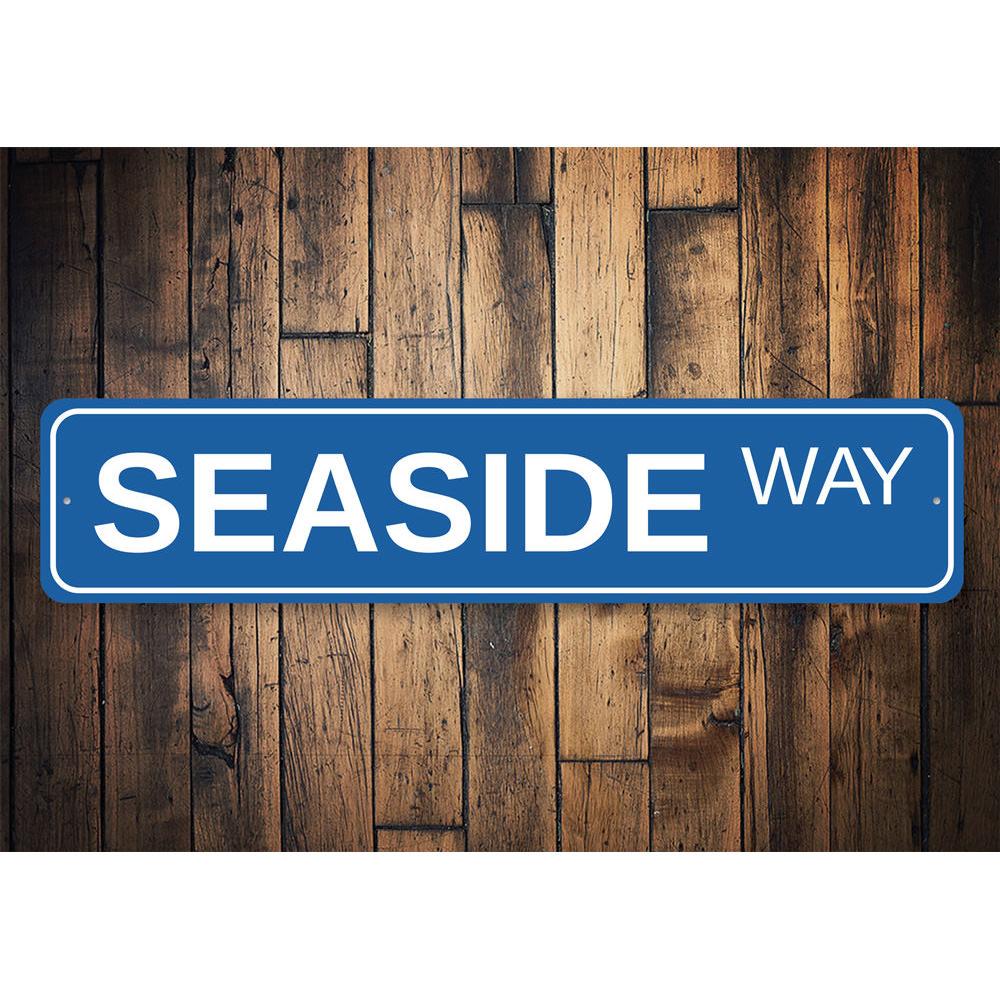 Seaside Way Sign made of high-quality aluminum, featuring a beach-themed design, perfect for coastal decor.