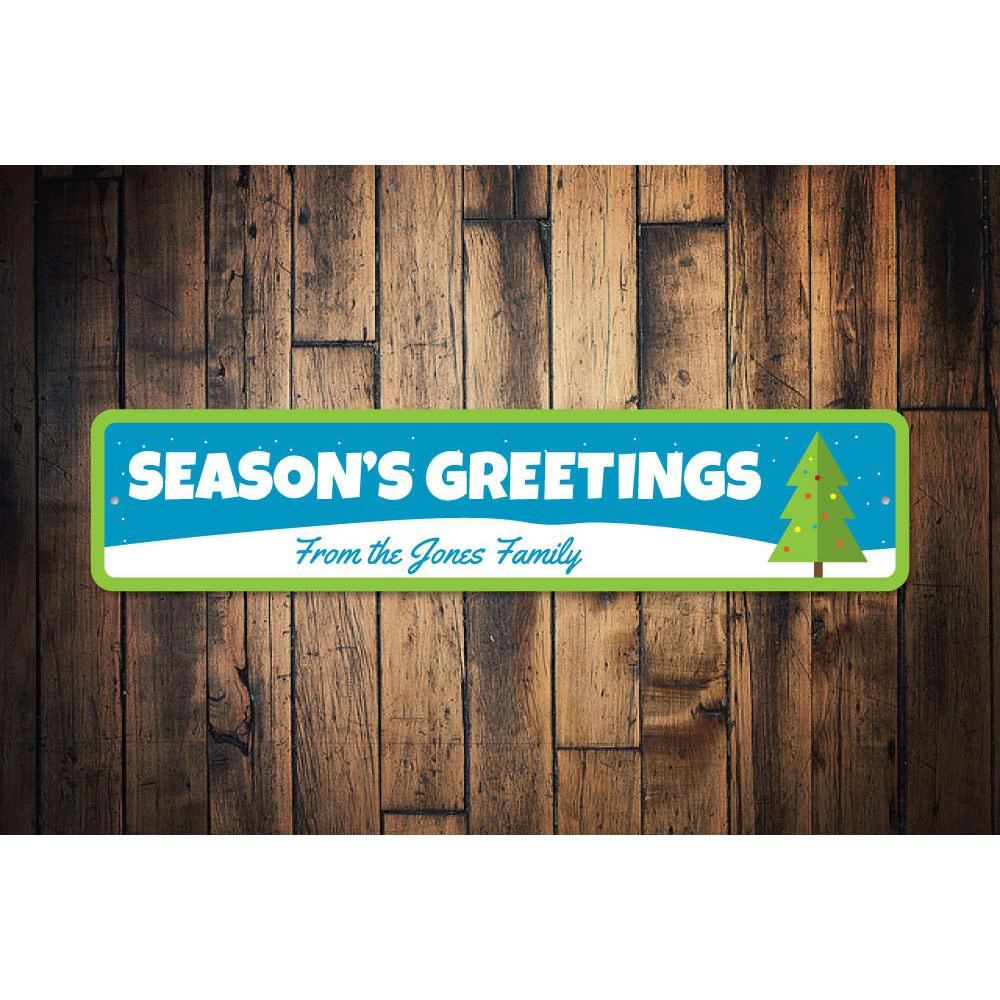 Season's Greeting Christmas Tree Sign made of high-quality aluminum, featuring festive designs perfect for holiday decorations.