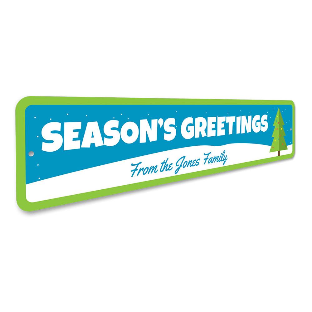 Season's Greeting Christmas Tree Sign made of high-quality aluminum, featuring festive designs perfect for holiday decorations.