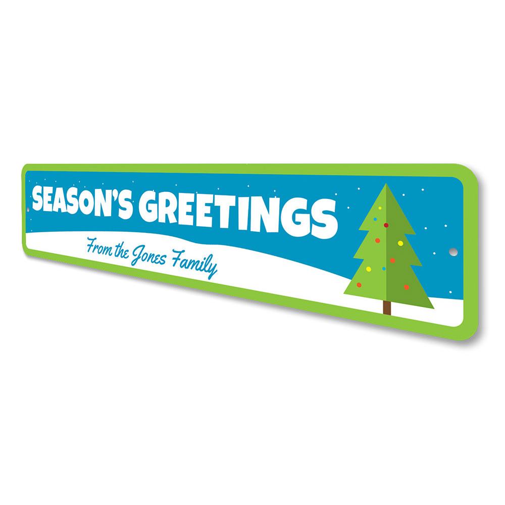 Season's Greeting Christmas Tree Sign made of high-quality aluminum, featuring festive designs perfect for holiday decorations.