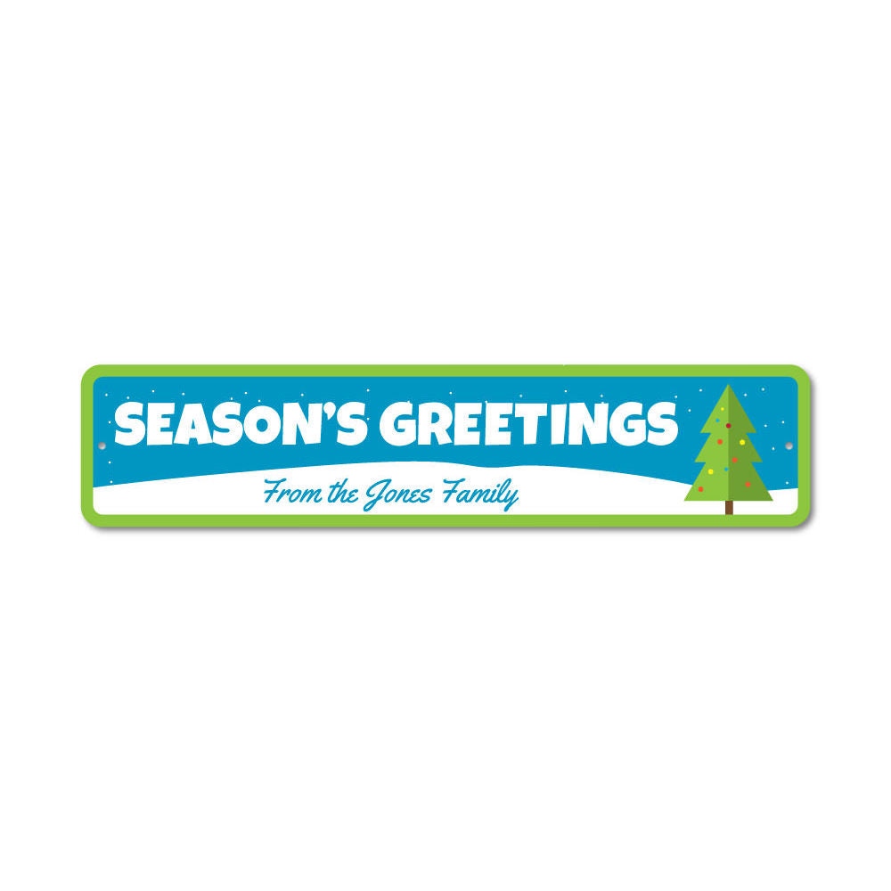 Season's Greeting Christmas Tree Sign made of high-quality aluminum, featuring festive designs perfect for holiday decorations.