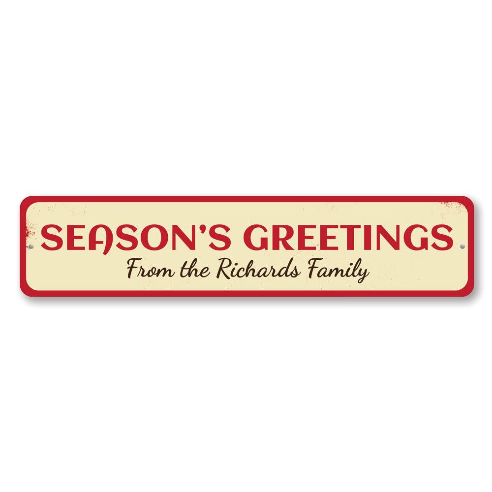 A festive Season's Greetings Family Name Sign made of high-quality aluminum, featuring customizable text for a personal touch, perfect for holiday decor.