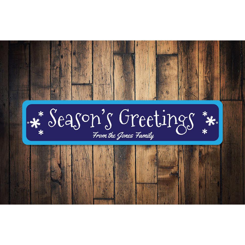 Season's Greetings Outdoor Sign featuring festive design, made from durable aluminum, perfect for holiday decorations.