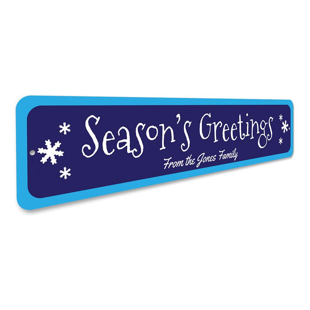 Season's Greetings Outdoor Sign featuring festive design, made from durable aluminum, perfect for holiday decorations.