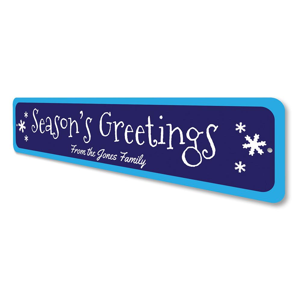 Season's Greetings Outdoor Sign featuring festive design, made from durable aluminum, perfect for holiday decorations.