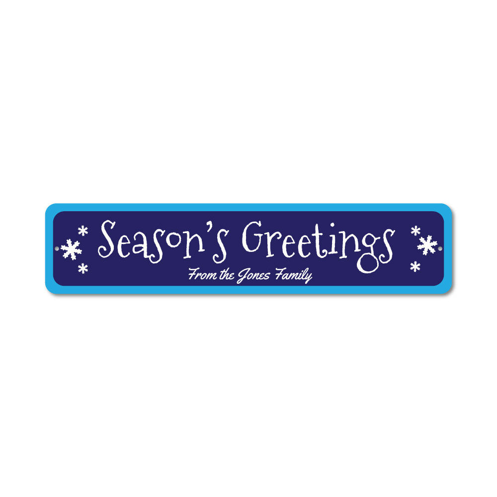 Season's Greetings Outdoor Sign featuring festive design, made from durable aluminum, perfect for holiday decorations.