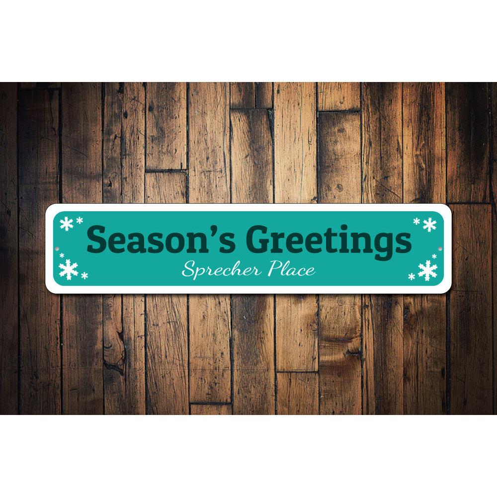 Season's Greetings Sign made of durable aluminum, featuring festive design for holiday decor.