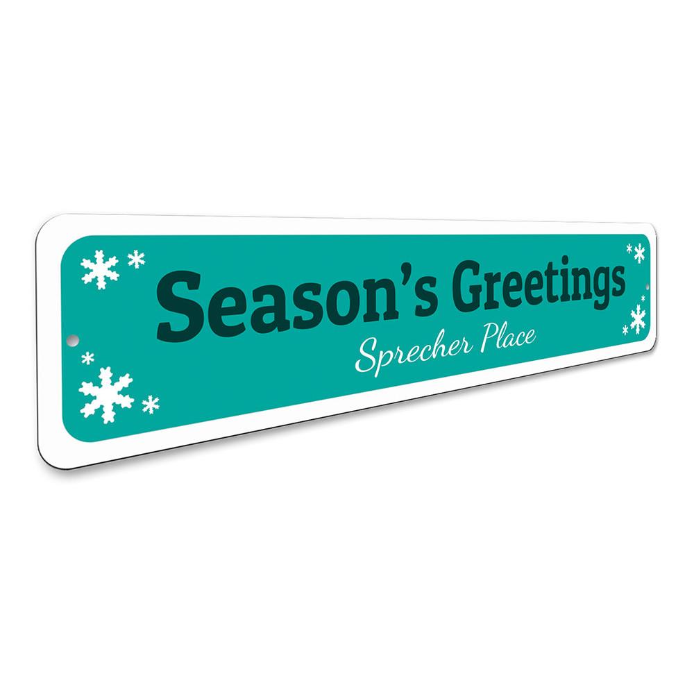 Season's Greetings Sign made of durable aluminum, featuring festive design for holiday decor.