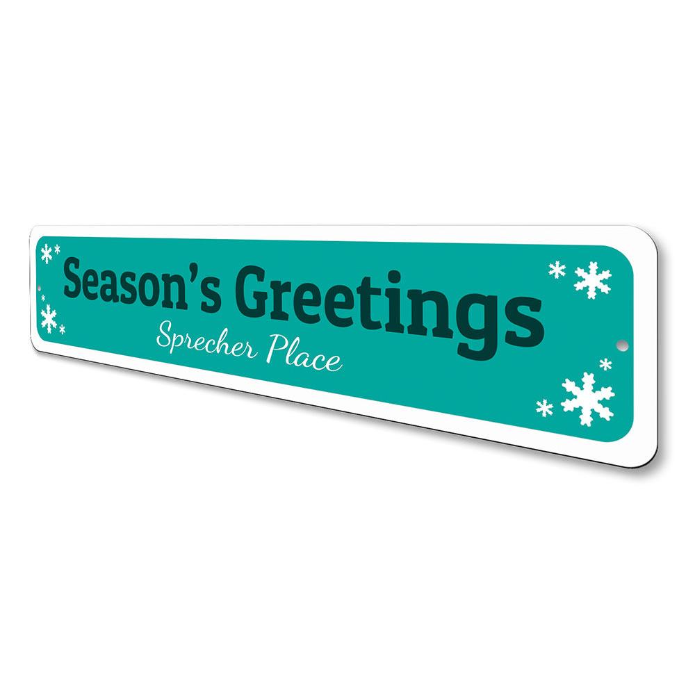 Season's Greetings Sign made of durable aluminum, featuring festive design for holiday decor.