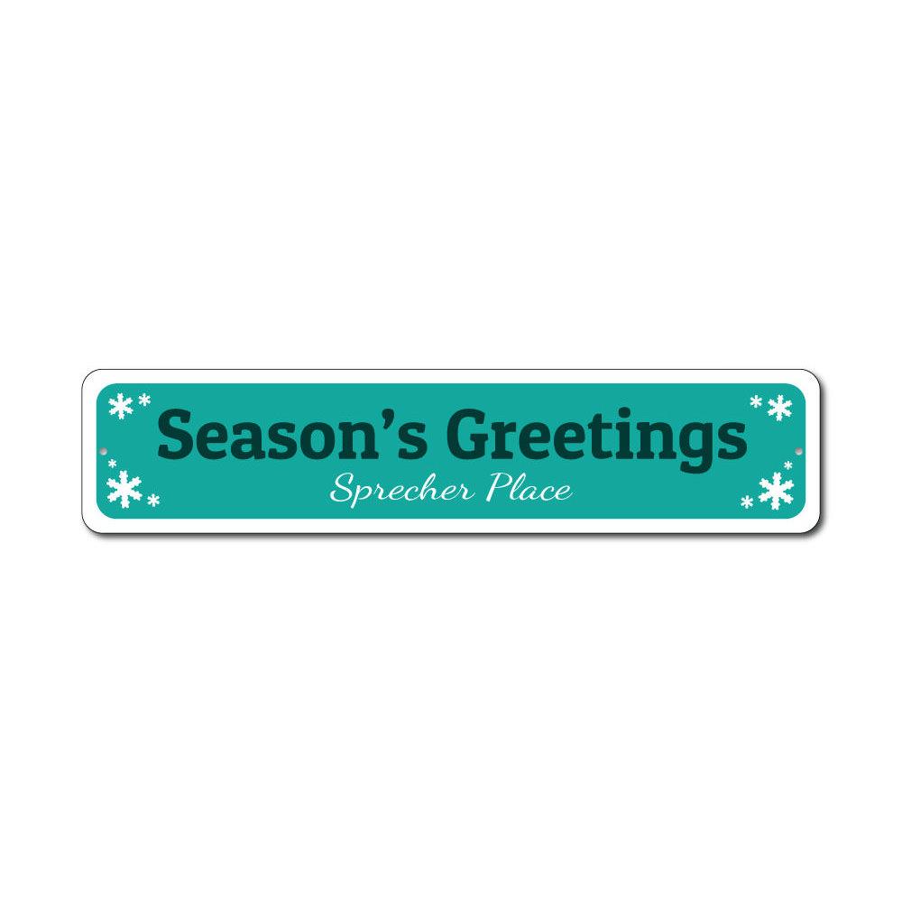 Season's Greetings Sign made of durable aluminum, featuring festive design for holiday decor.