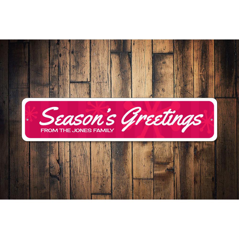 Season's Greetings Snowflake Sign featuring a festive snowflake design, made from high-quality aluminum, perfect for holiday decor.