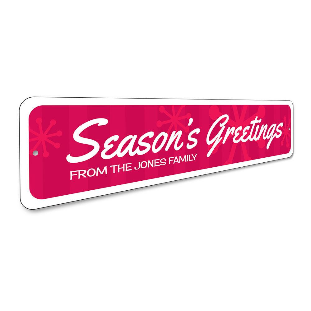 Season's Greetings Snowflake Sign featuring a festive snowflake design, made from high-quality aluminum, perfect for holiday decor.