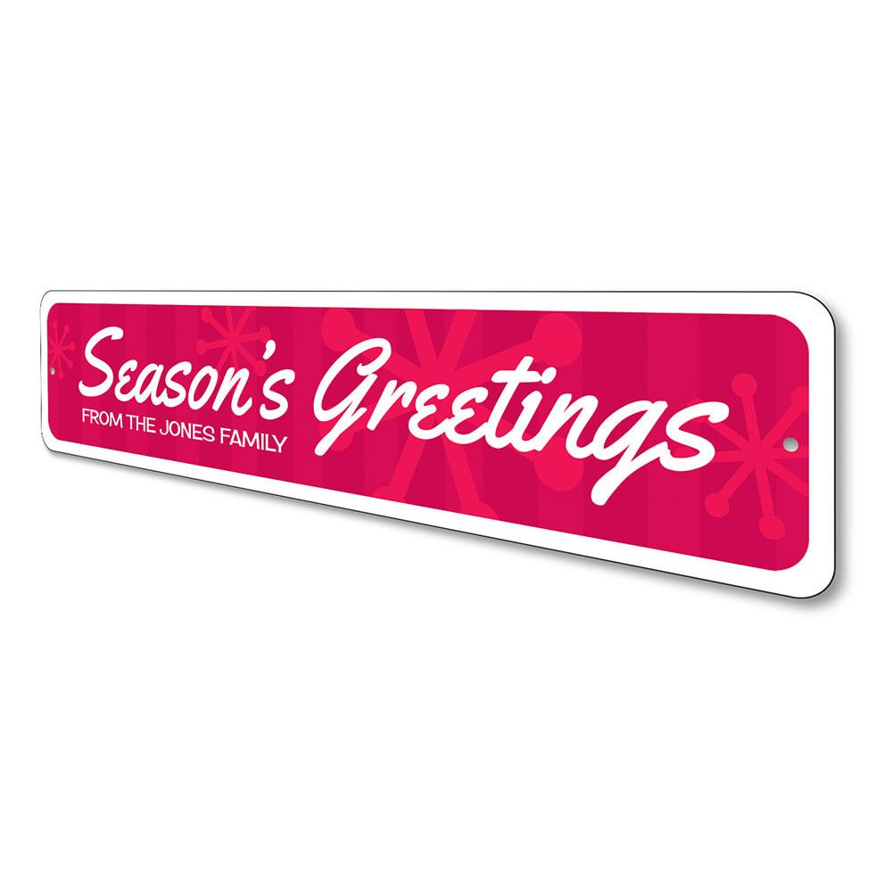 Season's Greetings Snowflake Sign featuring a festive snowflake design, made from high-quality aluminum, perfect for holiday decor.