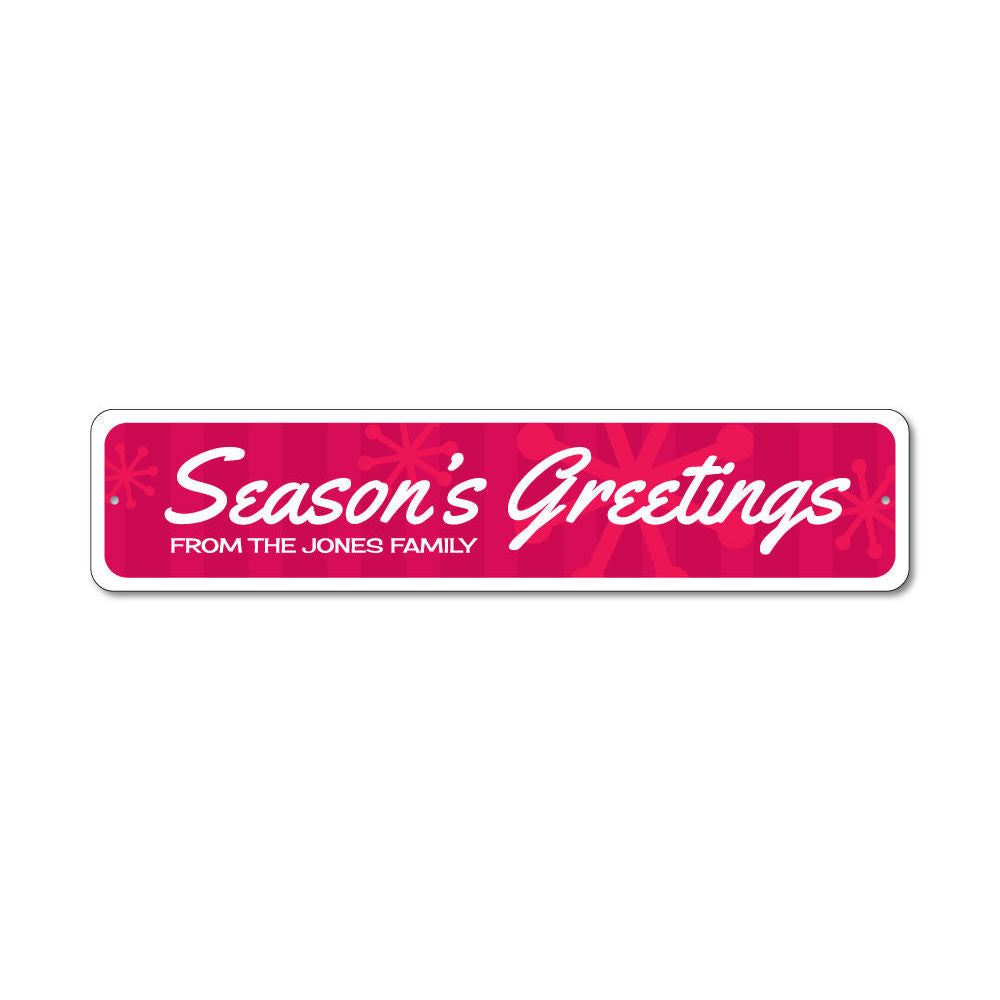 Season's Greetings Snowflake Sign featuring a festive snowflake design, made from high-quality aluminum, perfect for holiday decor.