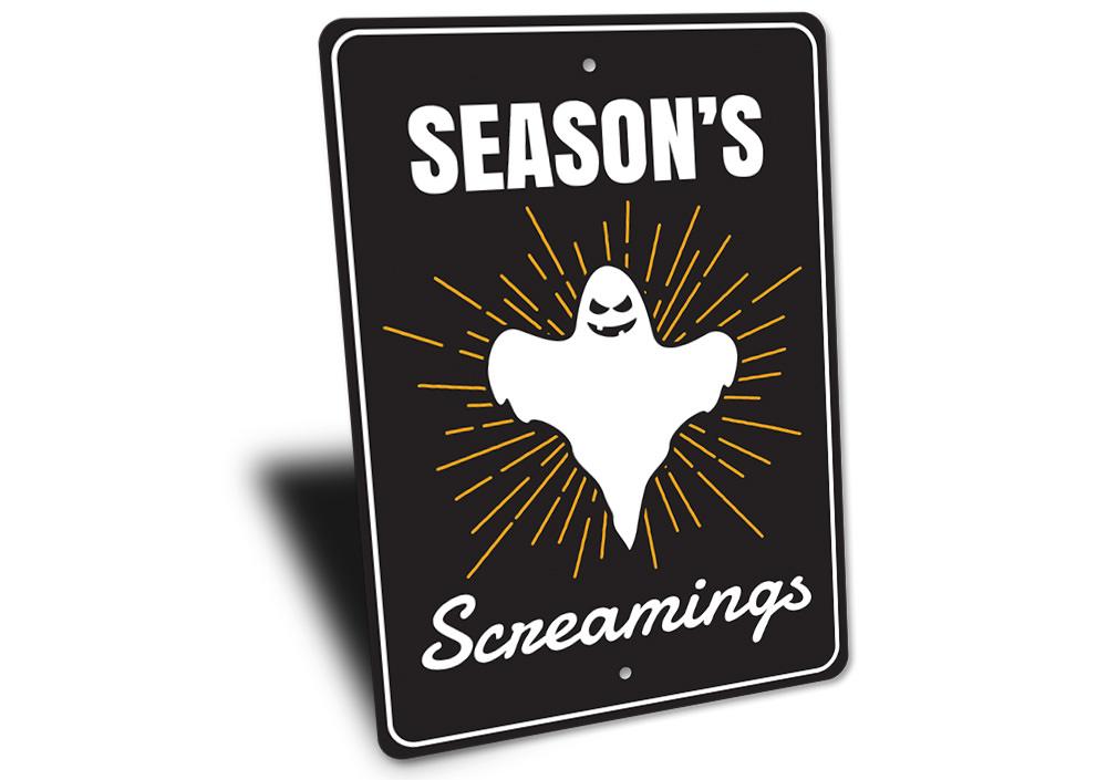 Season's Screamings Sign featuring spooky Halloween design, made from high-quality aluminum, perfect for indoor and outdoor decoration.