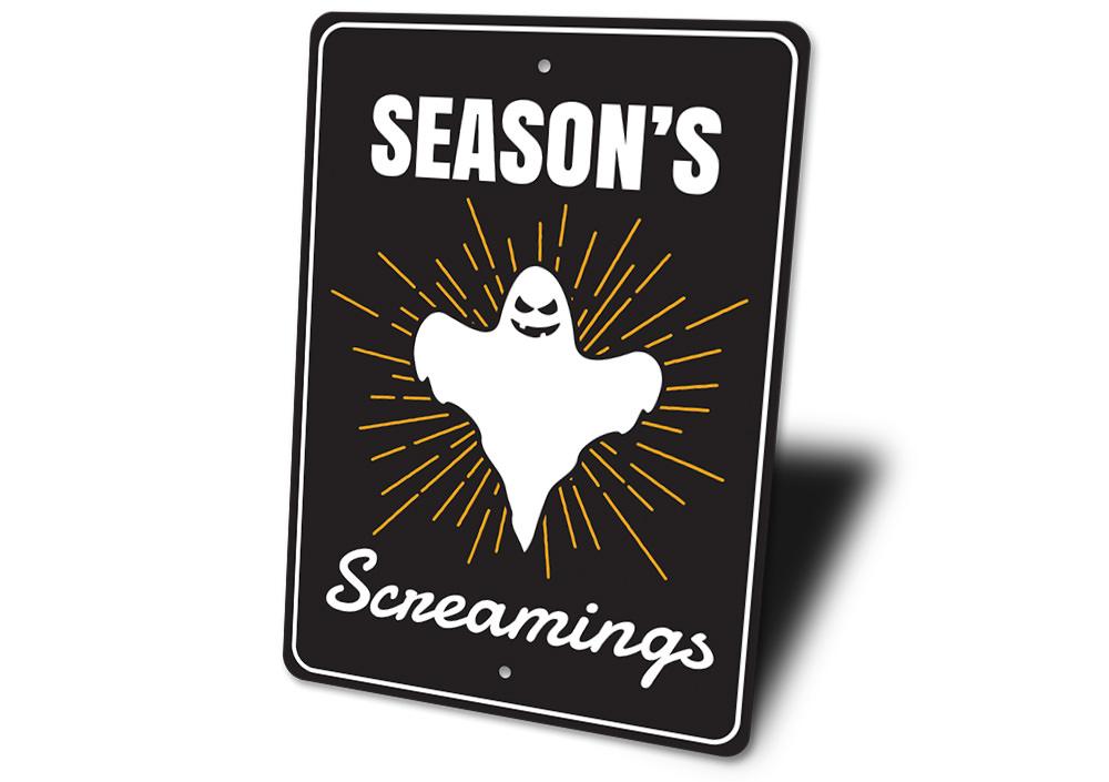 Season's Screamings Sign featuring spooky Halloween design, made from high-quality aluminum, perfect for indoor and outdoor decoration.